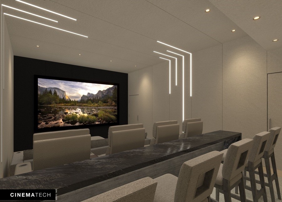 A render of a modern-styled home theater with a bar, creative accent lights, and a large screen.