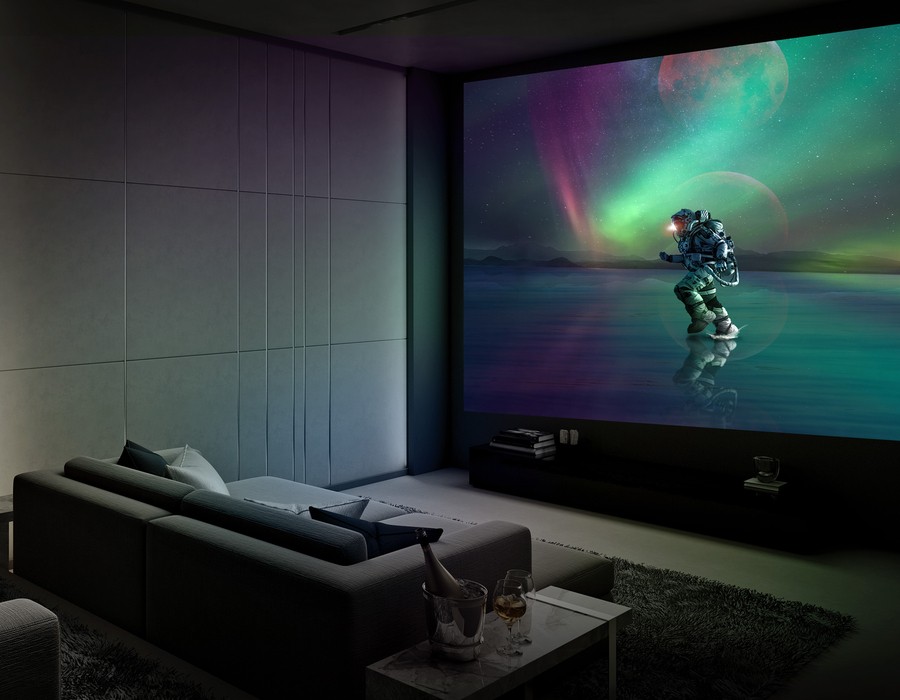 A home theater with an astronaut on the screen. 