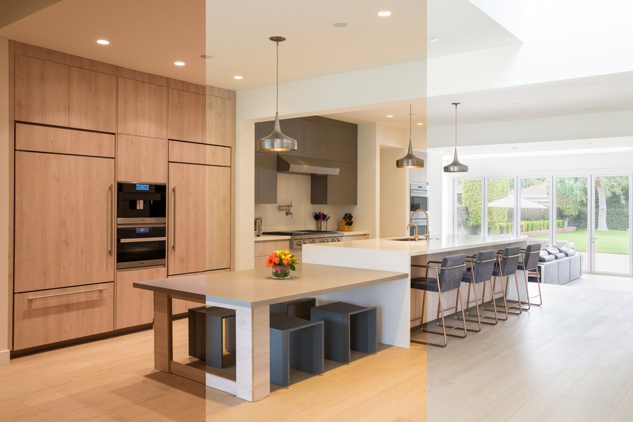 A home kitchen shown in three shades of tunable LED lighting. 