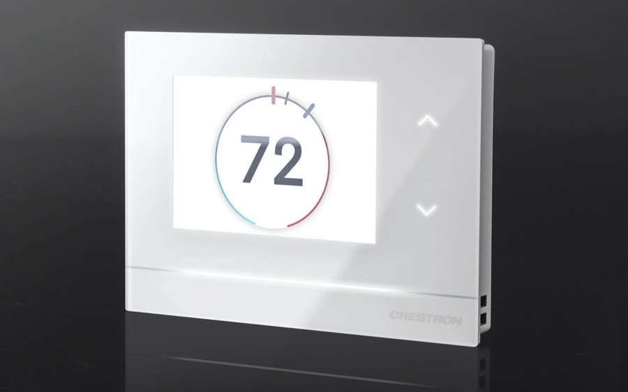 Close-up of Crestron smart thermostat.