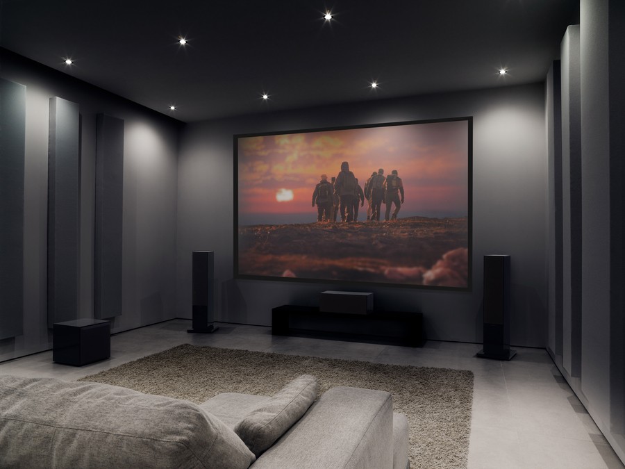 A home theater with Bowers & Wilkins surround sound speakers. 