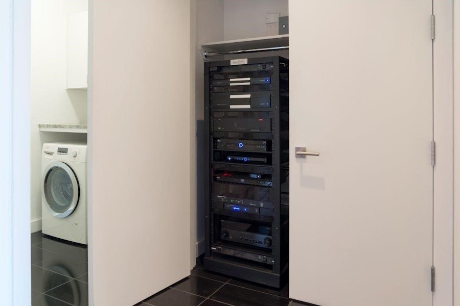 A home AV equipment rack.