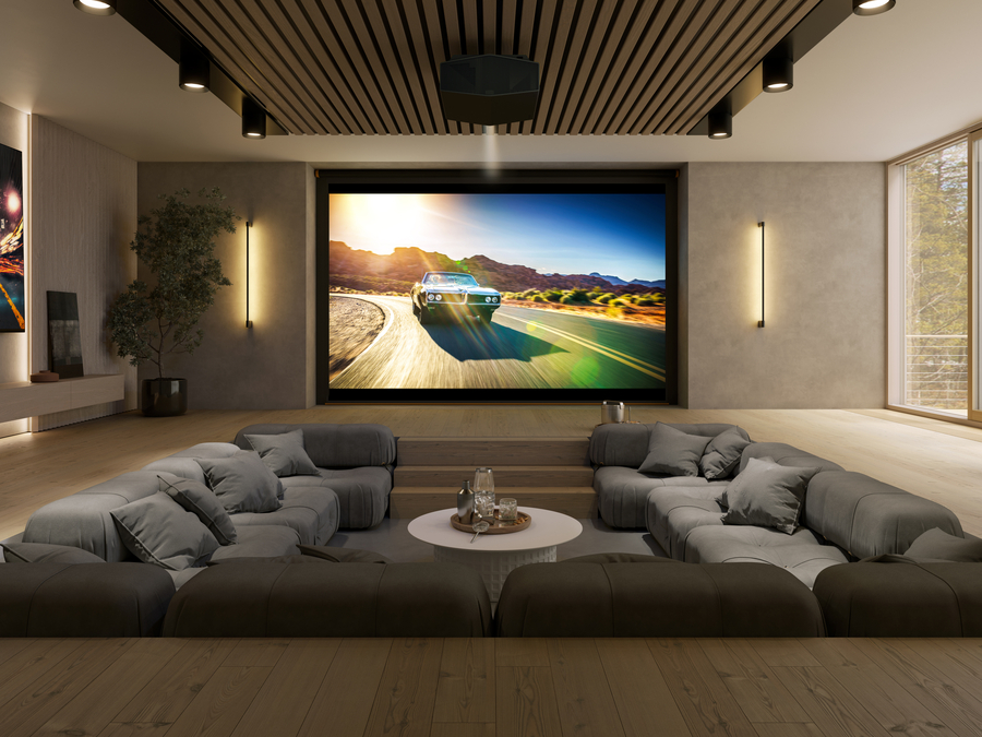 A luxury hybrid home theater with a sunken seating area.