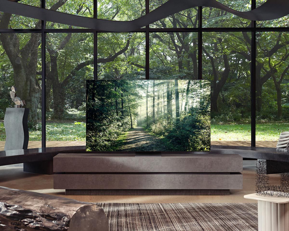 Samsung qled tv with forest scene in front of a forest