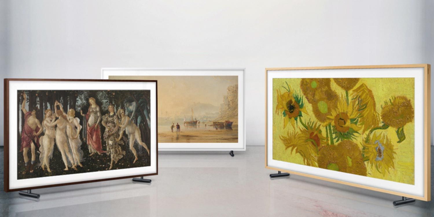 three samsung frame tvs with famous artwork on them